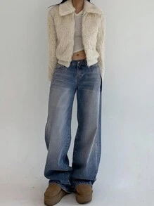 DAZY Damskie luźne jeansy z przodu z zapięciem na guziki i wieloma kieszeniami, szerokie nogawki, codzienne, luźne jeansy - Niebieski - Zobacz 6