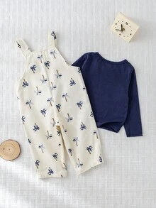 Cozy Pixies 2pcs Baby Boy Navy Blue Outfit,Cute Soft Knit Crew Neck Top And Coconut Tree Pattern Bib Shorts Overall Set For Autumn,Vacation,Holiday Fall Winter - Blue - View 2