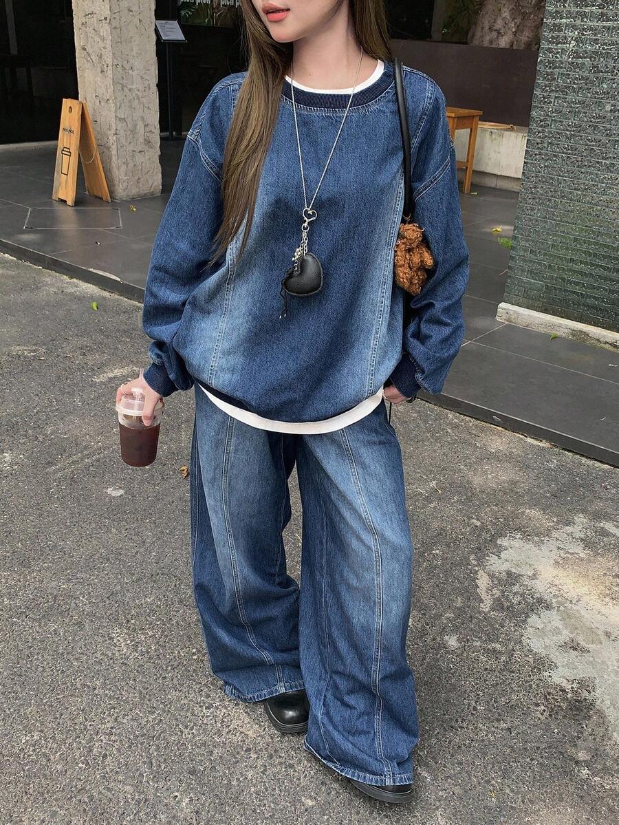 DAZY 女士休闲水洗牛仔上衣和裤子套装 - 藍色 - 查看 1