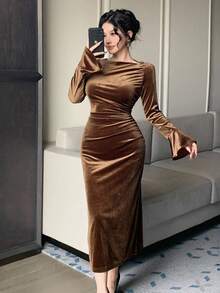 DAZY Vestido midi de unicolor elegante con abertura para mujer, otoño