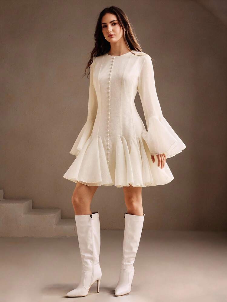 Women's Elegant Dress, Round Neck Flare Long Sleeve Button Waist Flared Short Dress, White