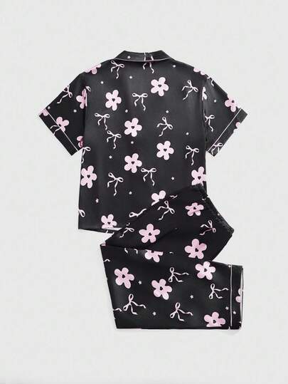 Kawaii Ensemble de pyjama à manches courtes avec imprimé floral et nœud, grande taille. Confortable et décontracté pour l'été