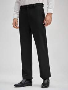 Officeau Men's Wrinkle-Resistant Elastic Business Trousers, Solid Color Straight Leg Slanted Pocket Casual Pants, Daily & Commute Wear, Formal Business, Dress, Fall And Winter, Old Money Men's Dress Pants Spring To Summer - Black - View 1