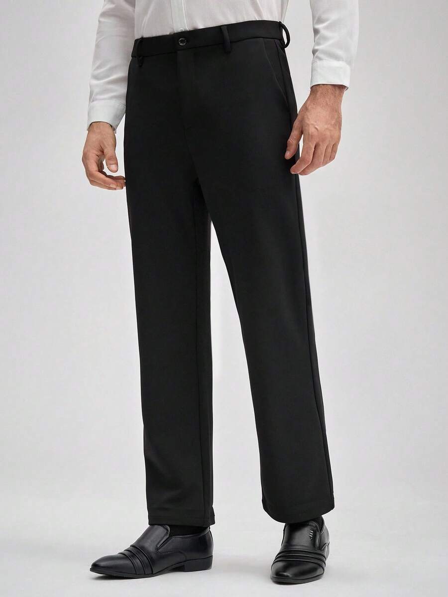 Officeau Men's Wrinkle-Resistant Elastic Business Trousers, Solid Color Straight Leg Slanted Pocket Casual Pants, Daily & Commute Wear, Formal Business, Dress, Fall And Winter, Old Money Men's Dress Pants Spring To Summer - Black - View 1