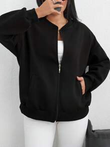 EURMUSE Plus Size Women Casual Zipper Up Plain Color Bomber Jacket For Outdoor, Autumn Bussines - Black - View 6
