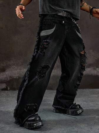 Street Life Jeans larghi con gamba ampia e tasche, modello uomo con effetto vissuto