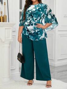 Reflora 加大码圆领喇叭袖撞色休闲上衣和宽松长裤两件套 - 水鴨藍 - 查看 1