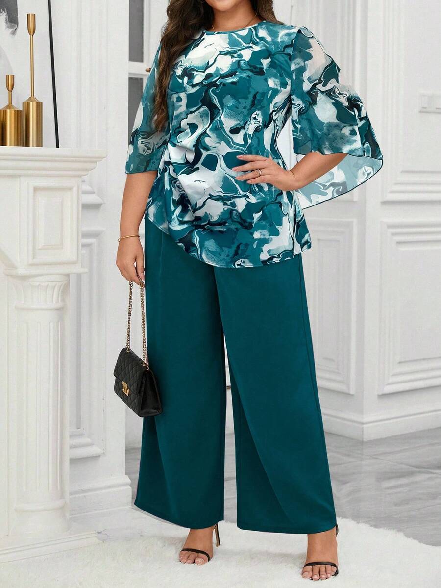 Reflora 加大码圆领喇叭袖撞色休闲上衣和宽松长裤两件套 - 水鴨藍 - 查看 1