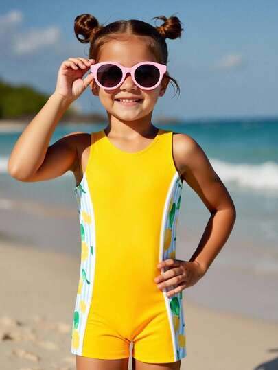 Sparklyn Little Girls 3-7 Years Lemon Pattern Sleeveless One-Piece Swimsuit Side Striped Bathing Suit Quick-Dry Elastic Swimwear For Summer Water Play