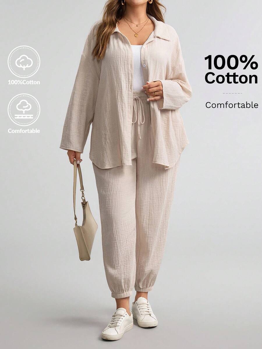 Comfylo Set de 2 piese pentru femei, mărime plus, culoare solidă, cu umeri căzuți, mânecă lungă, cămașă cu un singur nasture și pantaloni cu șnur, casual