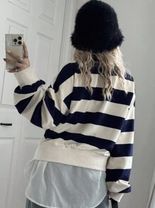 FRIFUL 女士圆领前开条纹面料宽松灯笼袖厚学院风长袖运动衫夹克 - 黑色 - 查看 4