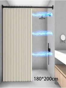 SHEIN 1pc Boho Style Foldable Magnetic Adsorption Bathroom Curtain, Waterproof & Mildew Resistant Linen-Like Material, Dry-Wet Separation No-Drill Home Bathroom Decor Summer Bathroom Accessories Back To School - Multicolor - View 9