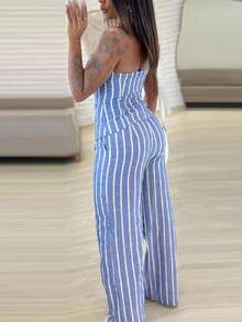 SHEIN Essnce 女式简约纽扣抹胸和条纹套装（含长裤） - 淺藍色 - 查看 2