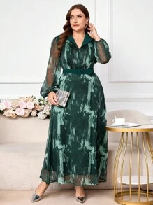 Modelyn Vestido elegante de manga farol con malla efecto tie-dye para mujer de talla grande, lujoso y elegante