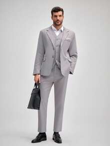 Officeau 男士春秋季百搭休闲西装三件套，包含西装外套、西裤和马甲，正式商务经典西装搭配西裤，春夏皆宜 - 灰色 - 查看 5