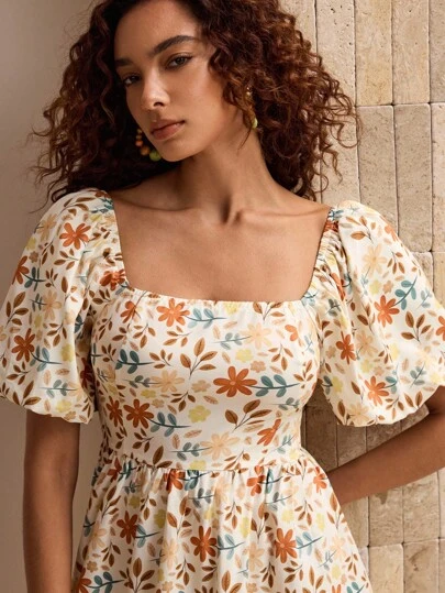 Glamance PATTERNIARY 女式花卉印花方领泡泡袖时尚短款连衣裙，适合度假，田园风格连衣裙，野花连衣裙，带袖太阳裙，褶饰女式连衣裙，夏季连衣裙，女士外出，秋季优雅连衣裙，休闲