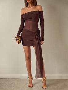 SHEIN BAE Robe moulante mini semi-transparente à manches longues et à taille nouée, en marron et kaki. Convient pour les sorties quotidiennes, les fêtes, les tenues élégantes pour femmes. Idéale pour les cocktails, les rendez-vous romantiques, les soirées et les cérémonies, les robes de demoiselle d'honneur, les robes de soirée. - Tabac - Voir 5