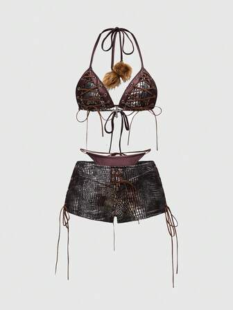 Hippie Ensemble de bikini sexy à lacets et fausse fourrure pour femmes style Y2K