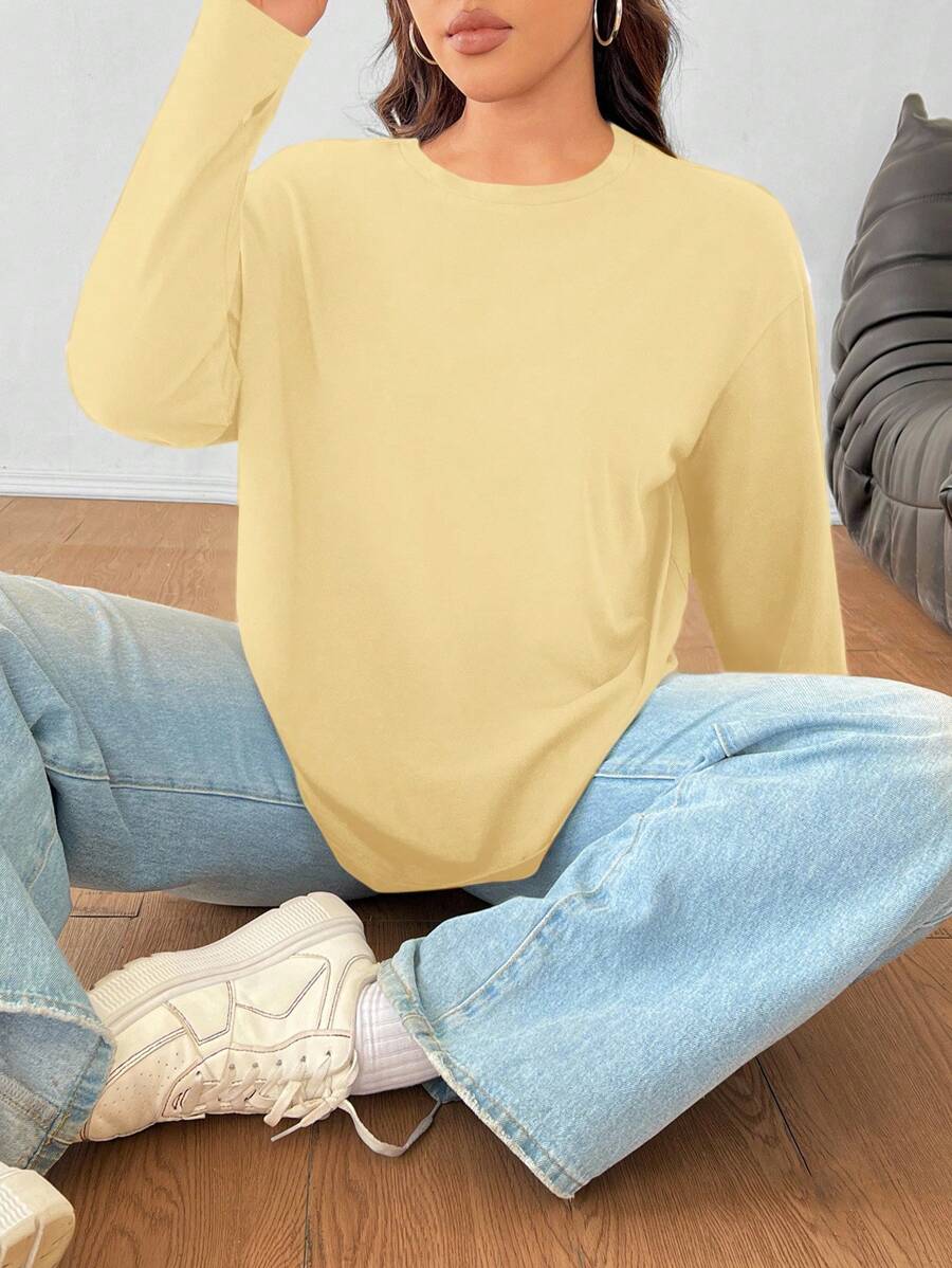 SHEIN EZwear Camiseta de manga larga de unicolor informal de talla grande, primavera/otoño