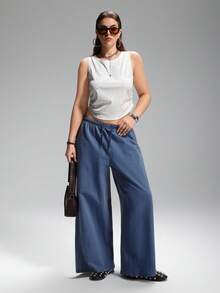 SHEIN EZwear 大码休闲家居风格柔软舒适蓝色运动裤 - 藍色 - 查看 3