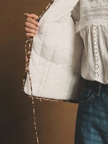 Poéselle Women's Casual Ditsy Brown Floral Patchwork Sleeveless Jacket, Winter,Going Out,Business Casual,Old Money,Elegant,Classy,Fall/Winter - White - View 8