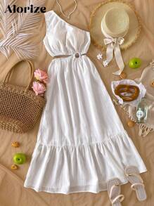 Vacation Style Teenage Petite Girl's Round Ring Cut-Out Shoulder Strap Dress, Korean Fashion - White - View 7