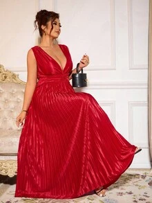 Allurite Plus Size Women Elegant V-Neck Pleated Cocktail Party Dress - Burgundy - View 7