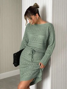 SHEIN Solid Color Holow Out Batwing Sleeve Sweater, Spring/Fall Season, Long Sleeve Top Sweater Dress,Winter Dresses For Women,Petite