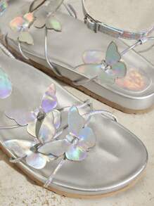 SHUZIA Sandalias planas sencillas de moda para mujeres con decoraciones de mariposas 3D, adecuadas para salidas diarias. - Plateado - Ver 3
