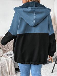 EMERY ROSE Plus Size Casual Color Block Patchwork Thermal Lined Hooded Jacket Winter Fall Autumn - Navy Blue - View 2