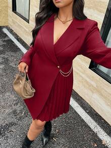 Calvaya Đầm Giáng sinh cỡ lớn dành cho nữ, màu trơn, cổ ve áo, tay dài, gấu xếp ly, kiểu dáng thường ngày, thích hợp đi làm, chất liệu vải mùa thu cho nữ, đầm màu đỏ tía cho nữ, đầm tay dài thanh lịch, đầm màu đỏ rượu vang. - Màu Đỏ Sâu - Xem 5