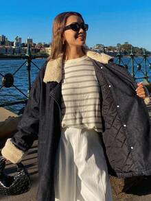 DAZY Women's Casual Padded Coat With Denim And Faux Fur Patchwork, Loose Fit, Suitable For Autumn/Winter Jacket - Navy Blue - View 8
