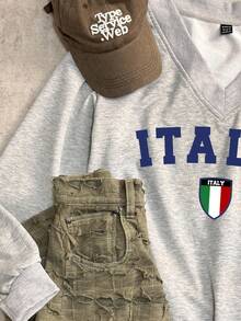 Attitoon Áo nỉ dáng rộng cổ chữ V họa tiết ITALIA tối giản, thoải mái dành cho nữ, phù hợp cho mùa thu/đông - Xám - Xem 4