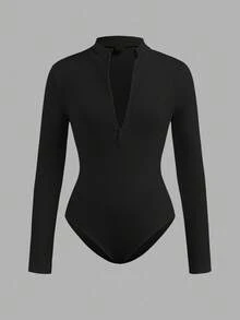 SHEIN Girlism 2pcs Tween Girls' Casual Fashion Ribbed Stand Collar Half-Zip Long Sleeve Bodysuit & Pants Set, Black & White, Suitable For Weekend And Casual Outings, Bodysuits For Teen Girls, Tight Fitted Tops, Zip Up Bodysuit Fall Winter - Multicolor - View 12