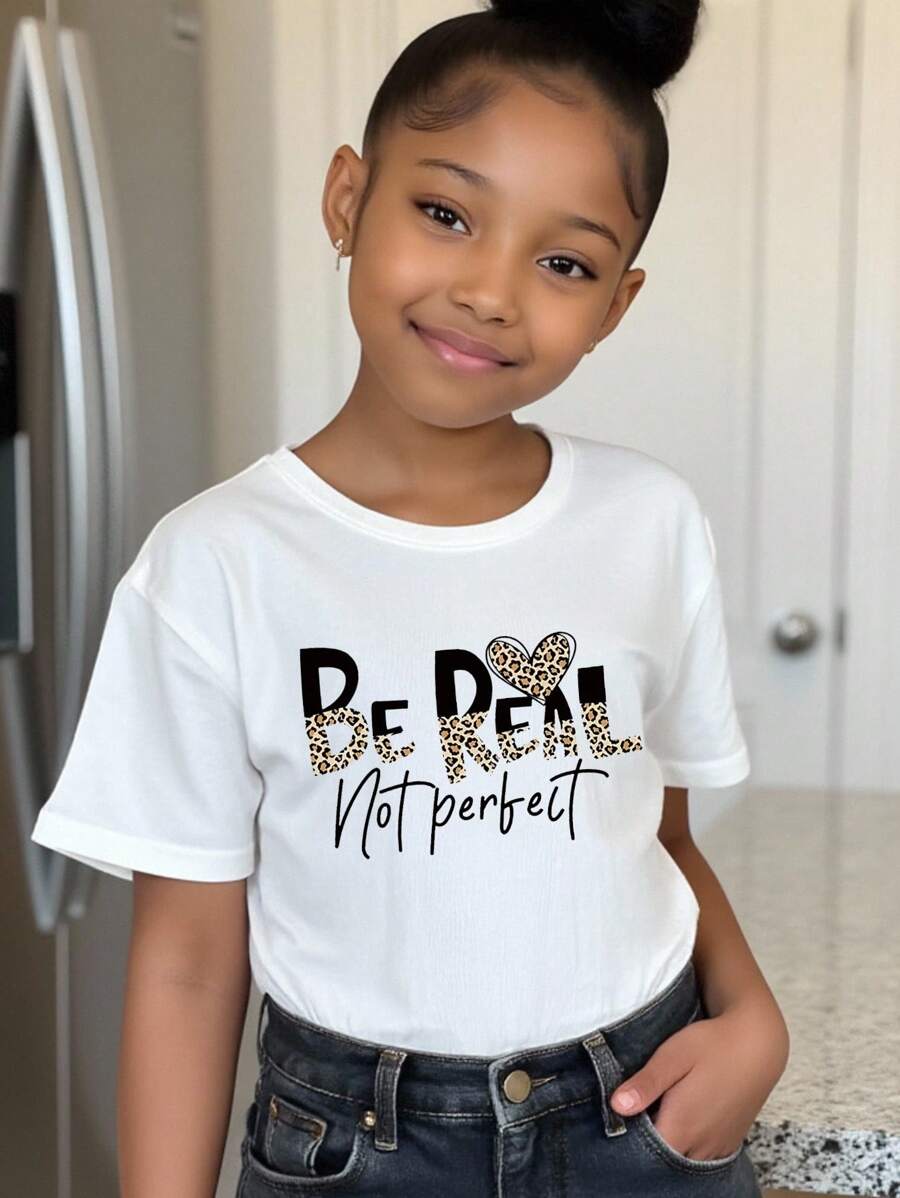 Tween Girls' Heart & Leopard Print Short Sleeve T-Shirt - White - View 1