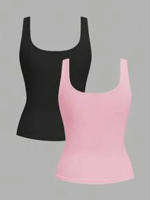 Slaydiva 2pcs/Set Women Casual Crew Neck Seamless Tight Fitting Camisole Top, Black & Pink, Versatile For Daily Wear