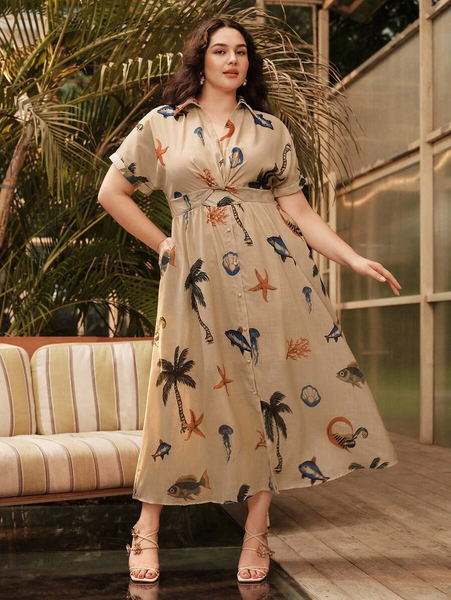 Anewsta Robe mi-longue d'été pour grandes tailles, nouvelle conception, vacances, imprimé, col V, taille vrillée - Voir 1