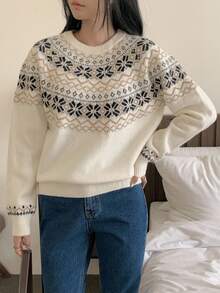 DAZY Suéter de punto jacquard de cuello redondo, estilo suelto y retro, suave para otoño, invierno, Navidad y Año Nuevo - Beis - Ver 7