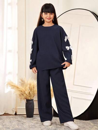 SHEIN 2pcs Tween Girls Loose Casual Crew Neck Color Block Bow Decor Top And Pants Set