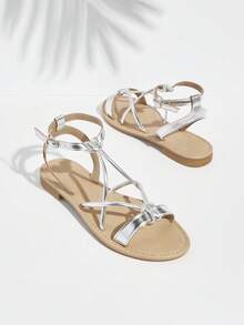 SHUZIA Women Silver Crossed Straps Open-Toe Flat Sandals - Silver - View 2