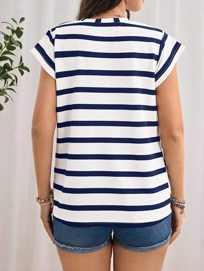 SHEIN Pregnant Women's Casual Striped Round Neck Short Sleeve Loose T-Shirt, Summer