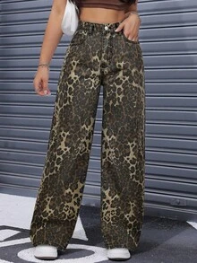 SHEIN ICON 女式时尚豹纹口袋宽松牛仔裤 - 彩色 - 查看 5