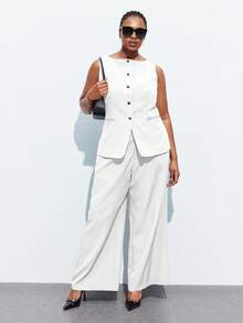 Maija 大码女式纯色单排扣无袖夹克和裤子休闲套装大码裤装大码白色裤装白色大码连体裤大码裤装套装大码秋冬夏季裤装