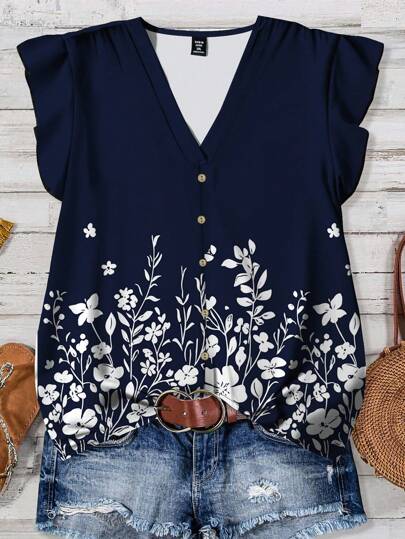 EMERY ROSE 加大码花卉印花 V 领荷叶边下摆短袖休闲度假衬衫，适合夏季时尚女式衬衫 女式 V 领衬衫 女式夏季上衣 女式休闲上衣 女式花卉衬衫