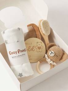 Cozy Pixies Set de 5 artículos esenciales para bebé, adecuado para todas las estaciones - 1 manta de envolver con estampado de estrella, peine, cepillo, mordedor, tarjetas para recién nacidos, set de regalo para recién nacidos - Multicolor - Ver 10