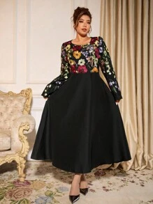 Allurite Große Größen Elegantes Partykleid für Damen mit 3D-Stickerei, Rundhalsausschnitt, Langarm, A-Linie, früher Herbst - Schwarz - Übersicht 1