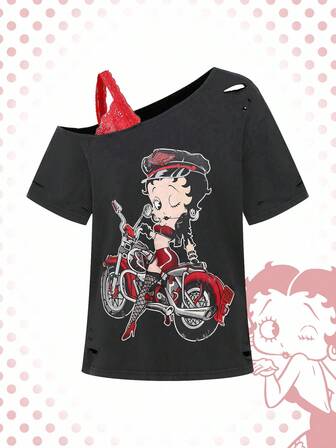 Betty Boop | ROMWE Camiseta de verano para mujer con cuello asimétrico, gráfico de figura de dibujos animados, encaje de contraste y efecto desgastado, estilo casual y urbano
