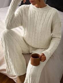EURMUSE Women Cable Knit Sweater And Sweater Pant 2pcs Set Co-Ord Cable Two Pieces Sweater Set Women Comfortable Two Pieces Set Women's Two Pieces Lounge Set Cable Knit Two Pieces Set,Winter Clothes - Beige - View 3