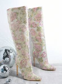 SHUZIA Botas con diamante de imitación dedo de pie puntiagudo rodilla - Multicolor - Ver 2