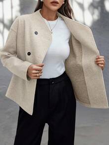 EMERY ROSE 女士休闲通勤纯色双排扣大衣，秋冬 - 杏色 - 查看 7